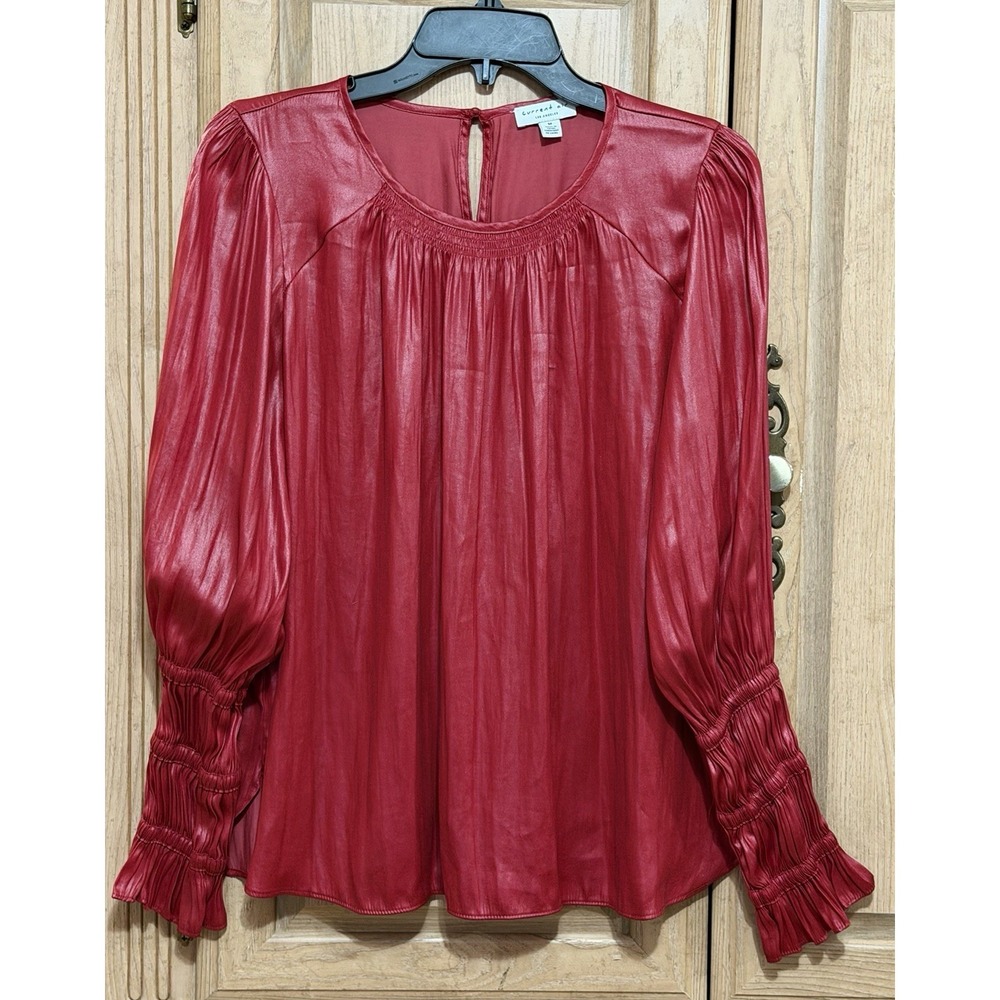 Current Air Silky Blouse Size Medium Red Long Sleeve Pleated Elastic Cuff Hem